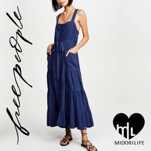 Free People Navy Blue Tiered Button-Front Maxi Dress